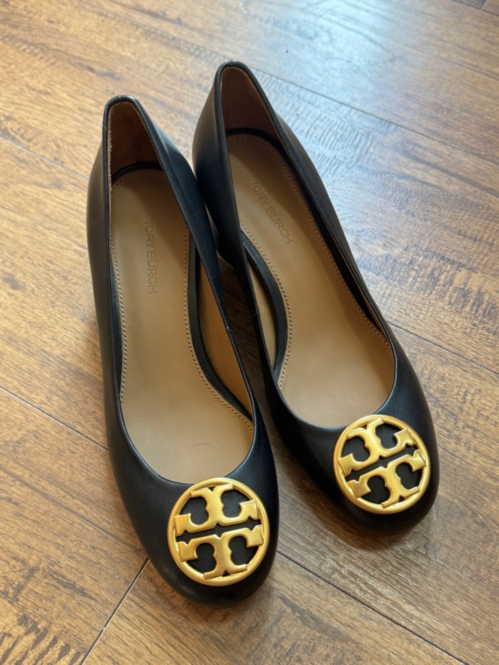 Tory Burch Black Leather Flats with Gold Logo Medallions